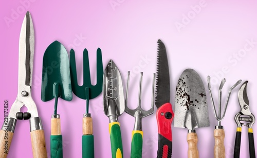 Row of gardening tools on soil background