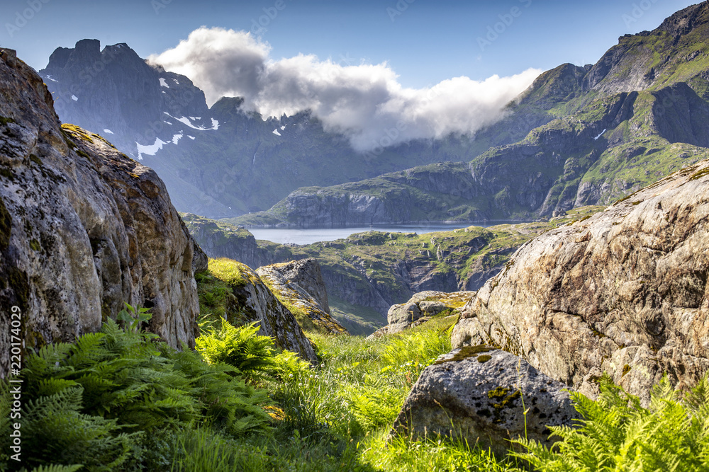 Obraz premium Beautiful view on the way to Munkan mountain in Lofoten islands, Norway