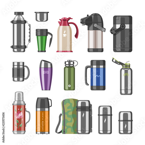 Thermos vector vacuum flask or stainless bottle with hot drink coffee or tea illustration set of metal bottled container or aluminum mug isolated on white background
