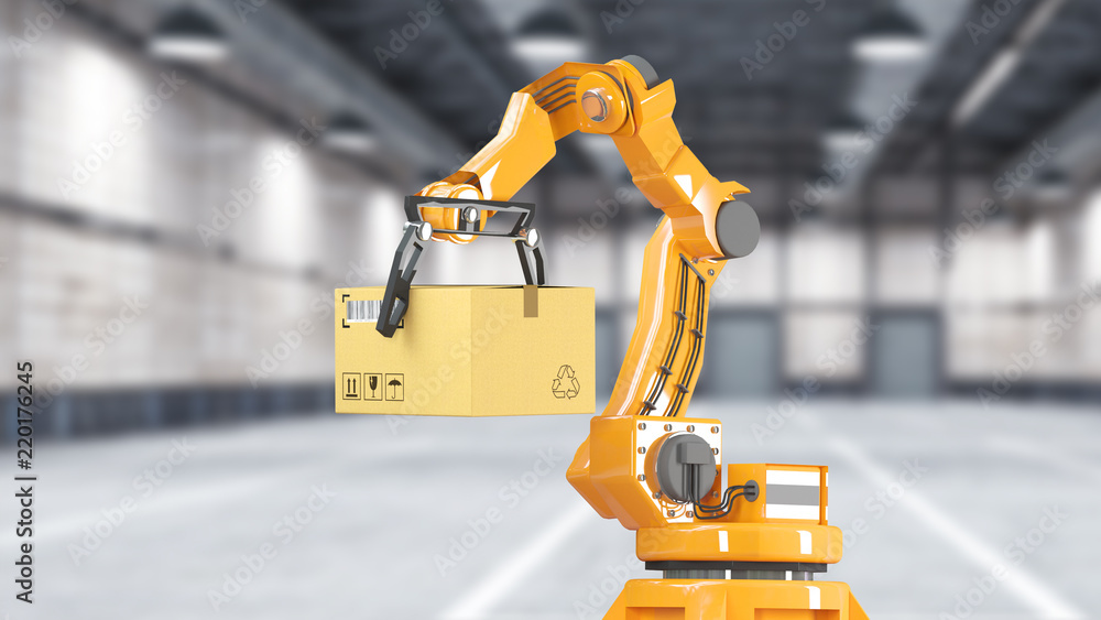 © Komarov Andrey - Carton boxes set and special transportation robot and hydraulic machine with mechanic arm using for packing, isolated on white  illustration