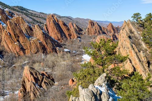 Red Rock Fountain Formations - Winter view of red sandstone fountain formations in Roxborough State Park at southwest of Denver, Colorado, USA. photo