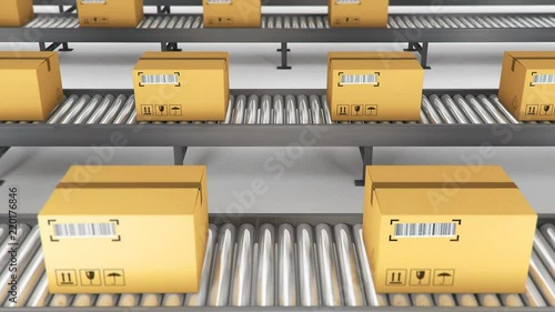 Boxes on conveyor roller. 3D Rendering animation
