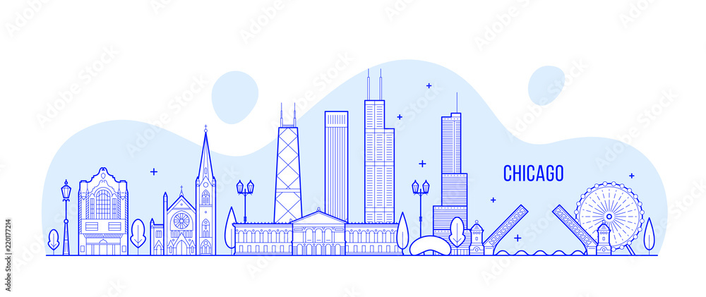 Obraz premium Chicago skyline, USA wektor budynków miasta liniowe