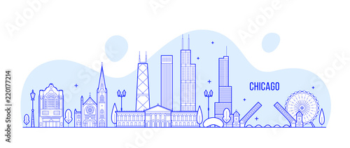 Chicago skyline, USA vector city buildings linear