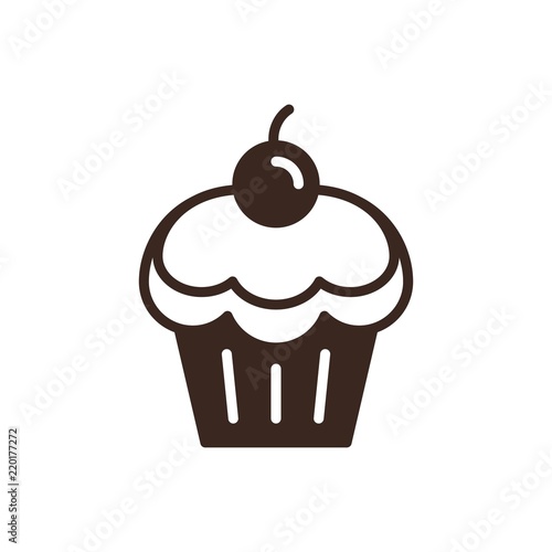 Cherry cupcake linear style icon. Dessert and sweets outline web pictogram. Pastry shop logo isolated on white background. Cafe and restaurant menu design element. Bakery product vector illustration.