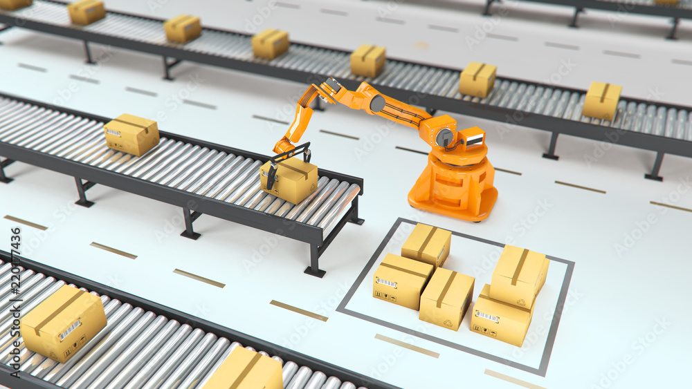 Carton boxes set and special transportation robot and hydraulic machine with mechanic arm using for packing, isolated on white illustration Carton boxes set and special transportation robot and hydraulic machine with mechanic arm using for packing, isolated on white illustration