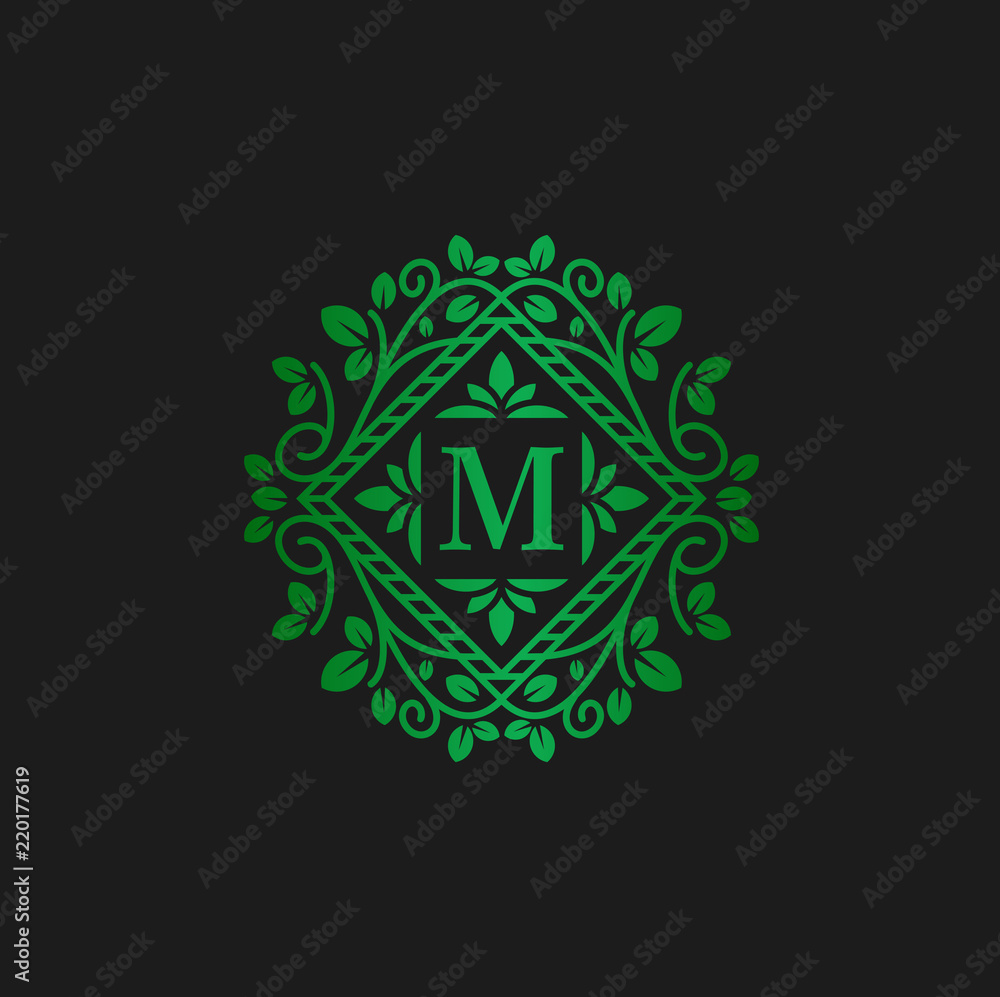 Vector logo design template and emblem made with leaves and letter m eco flowers