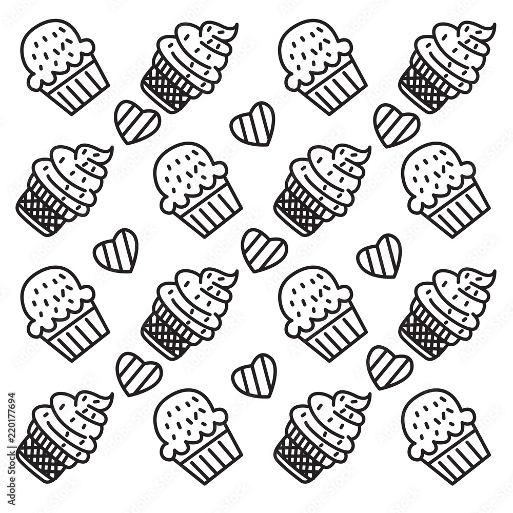 ice cream cup doodle illustration pattern with heart on white background