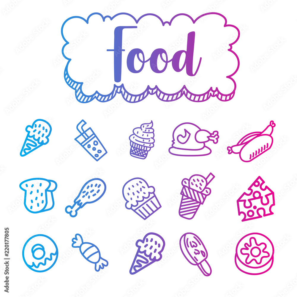 gradient color food doodle illustration on white background