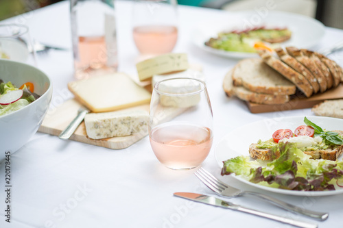 lunch with wine cheese and salad