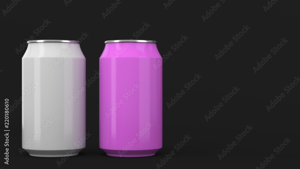 Two small white and purple aluminum soda cans mockup on black background Two small white and purple aluminum soda cans mockup on black background