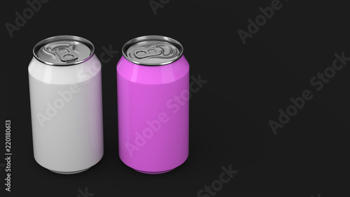 Two small white and purple aluminum soda cans mockup on black background