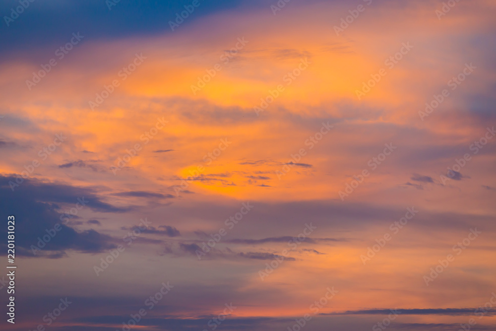 Blue orange and yellow colorful sunset sky