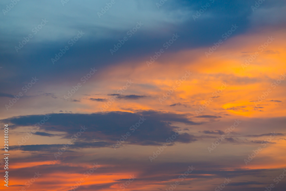 Blue orange and yellow colorful sunset sky
