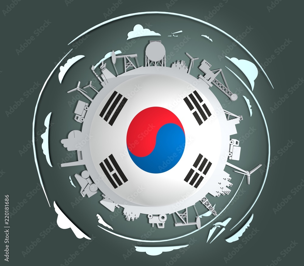 Circle with industry relative silhouettes. Objects located around the circle. Industrial design background. Flag of the South Korea. 3D rendering Circle with industry relative silhouettes. Objects located around the circle. Industrial design background. Flag of the South Korea. 3D rendering