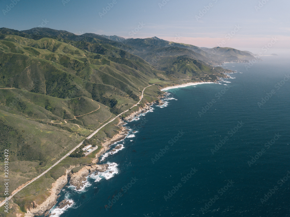 Aerial Drone Flight Top Down Carmel Highway 1 California Drive 