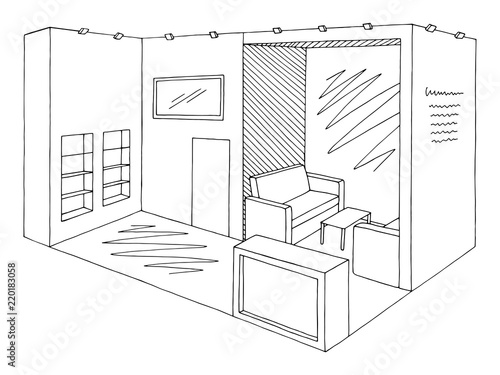Exhibition stand graphic interior black white sketch illustration vector