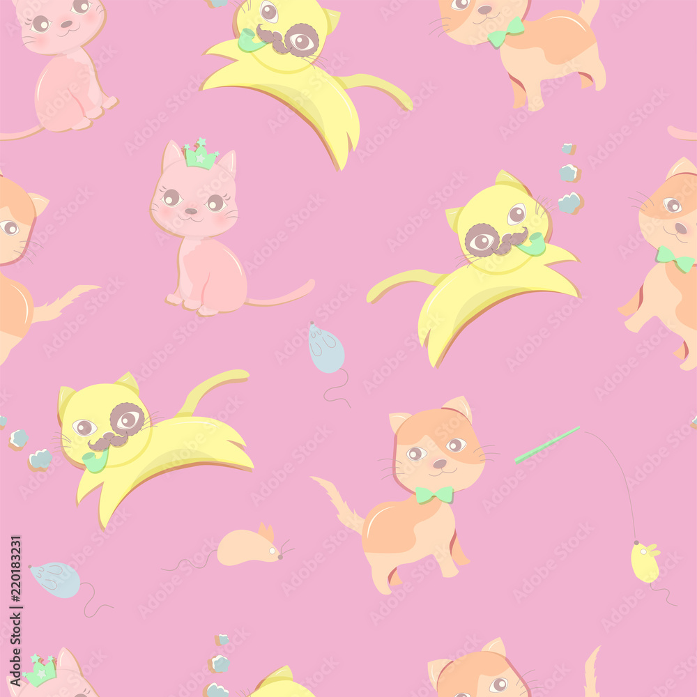 Seamless pattern of happy little cat in different acting in pink color background.Cute character design. Cartoon vector illustration.Using as background or wallpaper Seamless pattern of happy little cat in different acting in pink color background.Cute character design. Cartoon vector illustration.Using as background or wallpaper