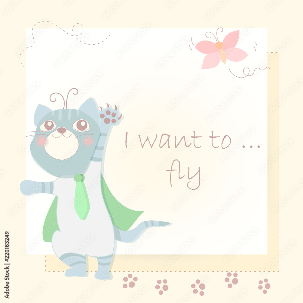 Happy little cat with pink butterfly in pastel color background.Cute character design. Cartoon vector illustration. Happy little cat with pink butterfly in pastel color background.Cute character design. Cartoon vector illustration.
