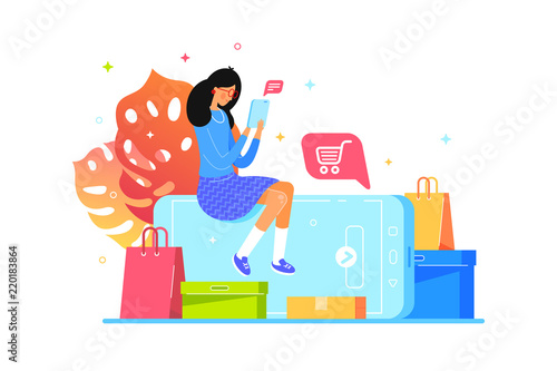 Girl buys online with smartphone, web shopping