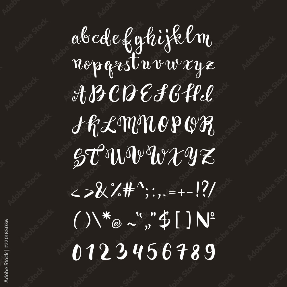 Brush pen handwritten alphabet, letters, numbers and symbols, vector font, handmade, lettering Brush pen handwritten alphabet, letters, numbers and symbols, vector font, handmade, lettering