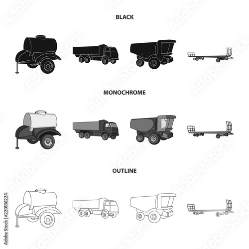 Trailer with a barrel, truck and other agricultural devices. Agricultural machinery set collection icons in black,monochrome,outline style vector symbol stock illustration web.