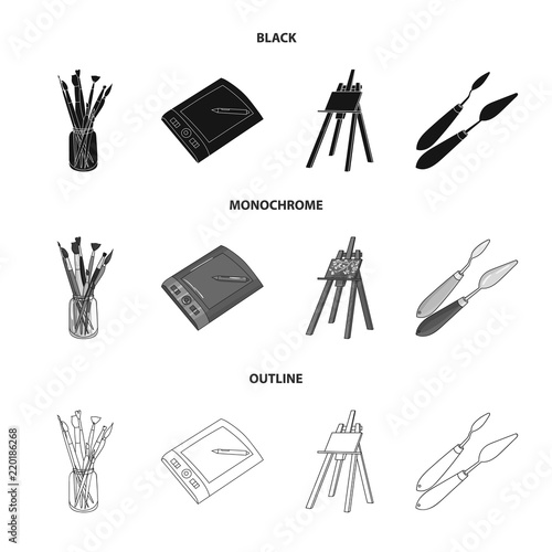 Bank with brushes, a drawing board, an easel with a canvas, paint knives.Artist and drawing set collection icons in black,monochrome,outline style vector symbol stock illustration web.