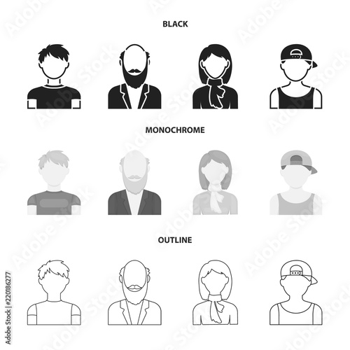 Boy in a cap, redheaded teenager, grandfather with a beard, a woman.Avatar set collection icons in black,monochrome,outline style vector symbol stock illustration web.
