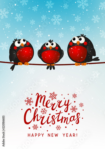 Christmas greeting card with cute bullfinches
