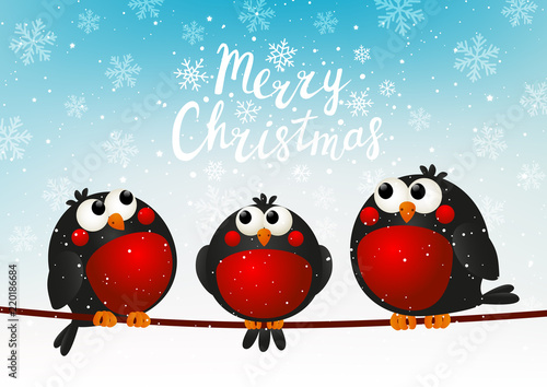 Christmas greeting card with cute bullfinches