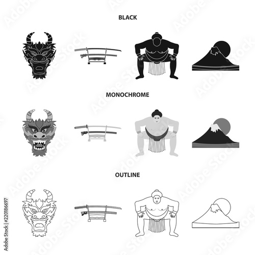 Dragon mask, katano, a man is a sumo player, a fujiama mountain.Japan set collection icons in black,monochrome,outline style vector symbol stock illustration web.