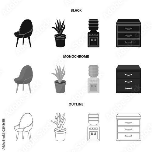 A red chair with a comfortable back, an aloe flower in a pot, an apparatus with clean water, a cabinet for office papers. Office Furniture set collection icons in black,monochrome,outline style vector