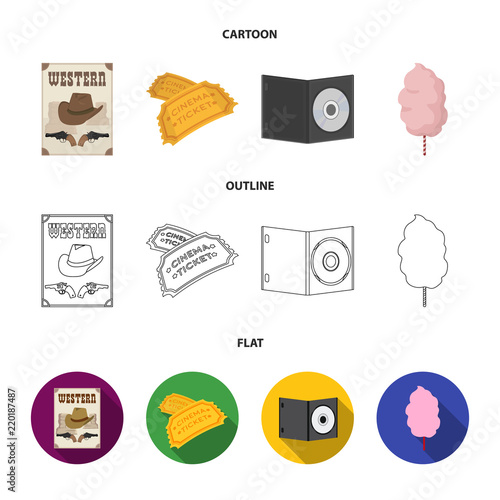 Western cinema, tickets, sweet cotton wool, film on DVD.Filmy and cinema set collection icons in cartoon,outline,flat style vector symbol stock illustration web.