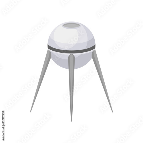 Gray round-shaped artificial satellite. Modern space technology. Flat vector element for mobile or computer game