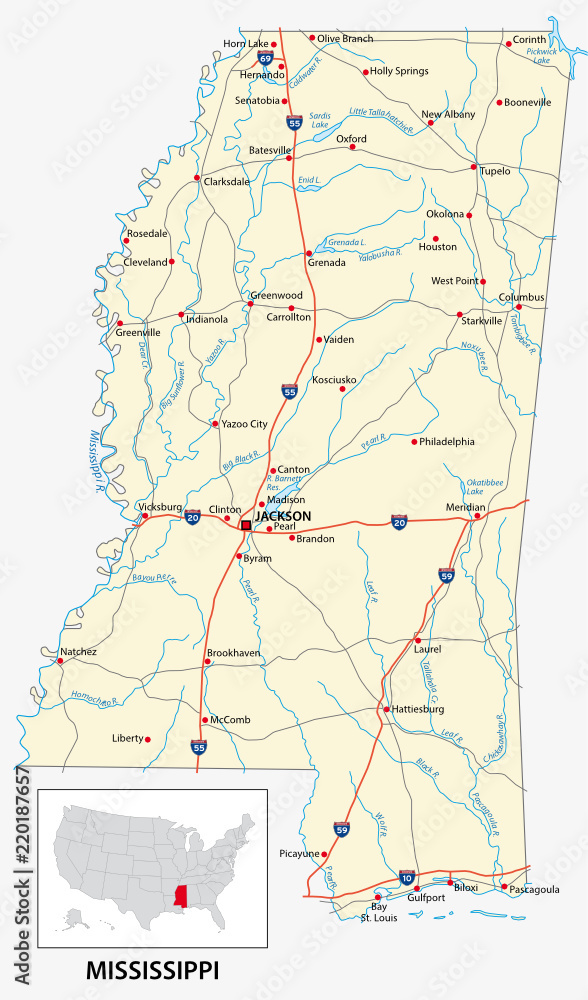 Road Map Of The US American State Of Mississippi Stock Vector Adobe Stock 1000 F 220187657 Vs0rLDStgi8w2gS2FVJ2lSssgy0GxhAi