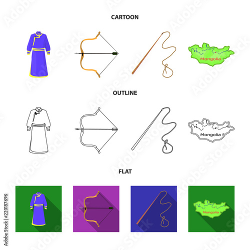 .mongol dressing gown, battle bow, theria on the map, Urga, Khlyst. Mongolia set collection icons in cartoon,outline,flat style vector symbol stock illustration web.