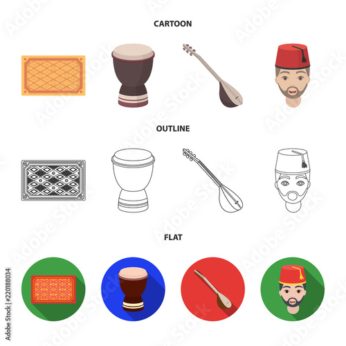Turkish carpet, saz, drum, turkish men.Turkey set collection icons in cartoon,outline,flat style vector symbol stock illustration web.