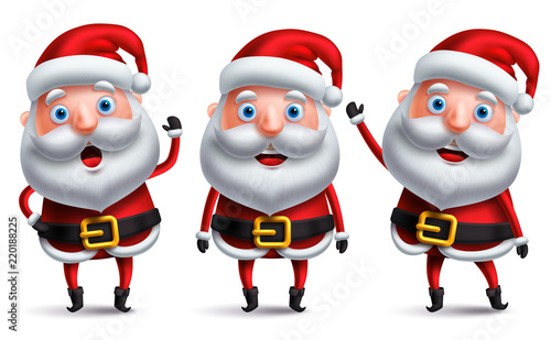 Santa claus christmas character set talking and smiling while standing and waiving hands for christmas elements and decorations isolated in white background. Vector illustration.

