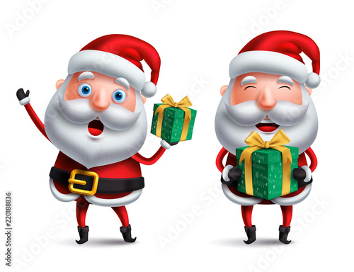 Santa claus vector character set holding and giving christmas gift with surprise and happy face isolated in white background for christmas elements. Vector illustration.
