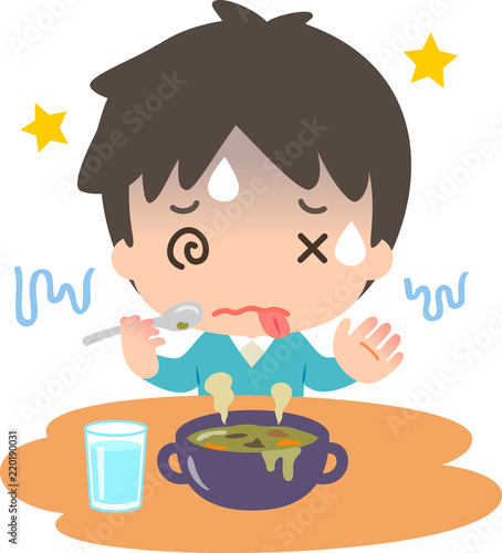 失敗作の料理を食べて目を回す男性