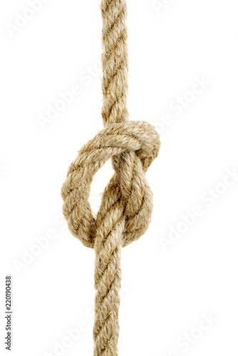 Coarse rope with simple knot isolated on white background