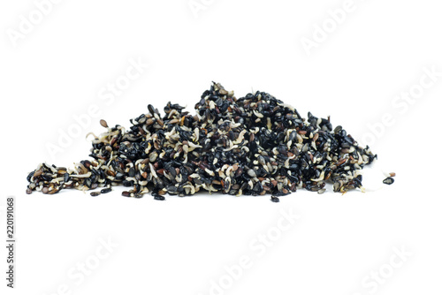 Pile of germinated black sesame seeds isolated on white background photo