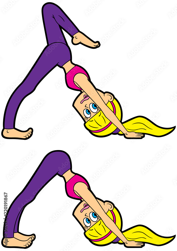 Yoga asana set downward facing dog/ Illustration cartoon girl doing adho mukha svanasana. Two variations
