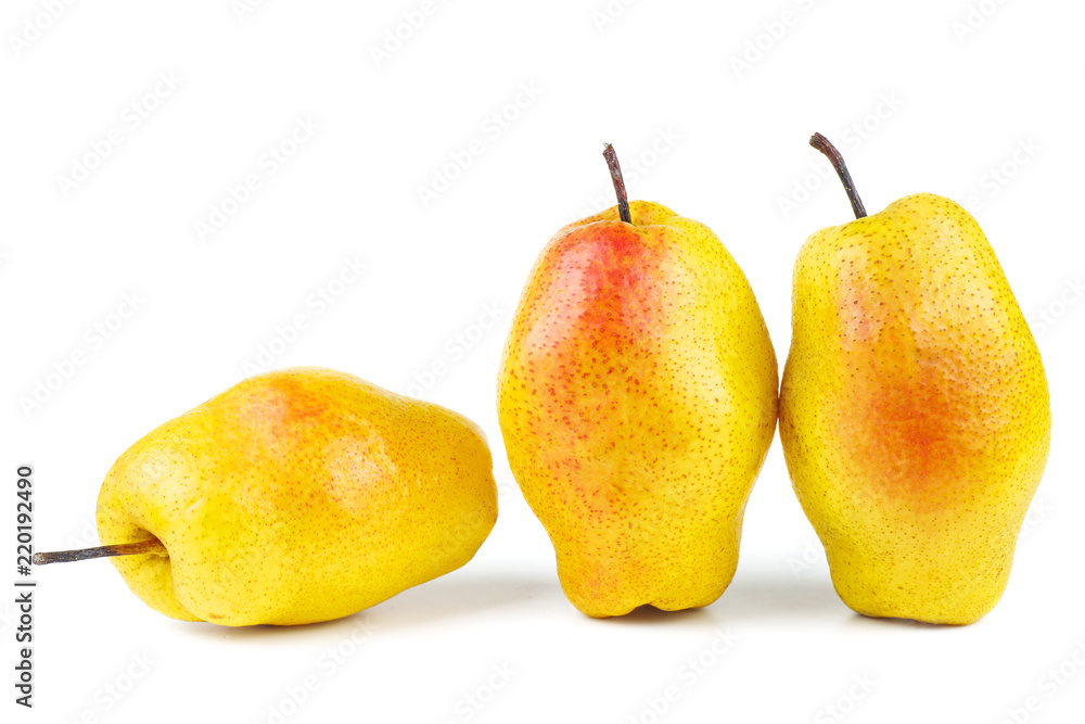 Three yellow-red pears isolated on white background