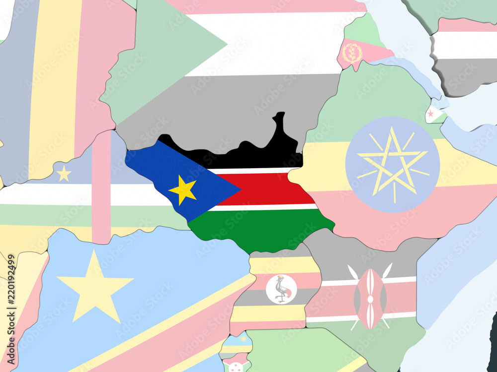 South Sudan with flag on globe
