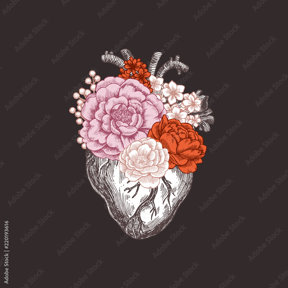 Obraz premium Tattoo anatomy vintage illustration. Floral romantic anatomical heart. illustration
