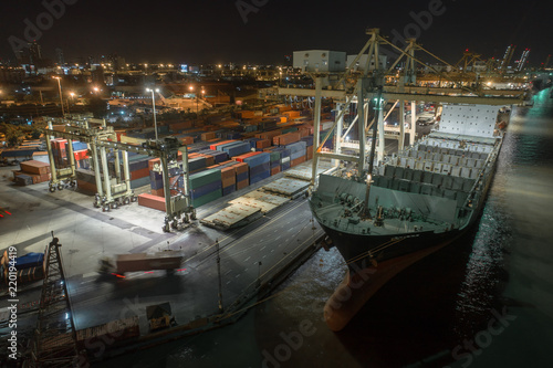 Container ship in import export and business logistic, By crane, Trade Port, Shipping cargo to harbor, International transportation, Business logistics concept, Aerial view from drone