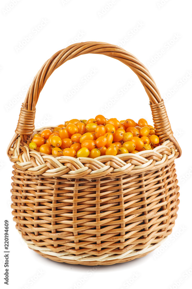 Wicker basket with sea buckthorn berries isolated on white background Wicker basket with sea buckthorn berries isolated on white background