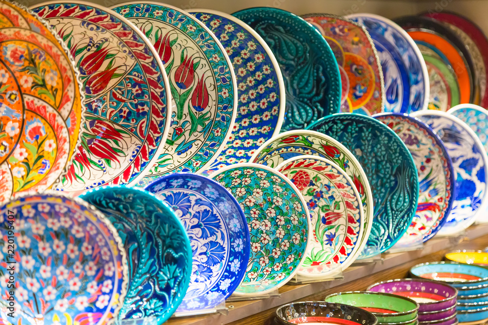 Classical traditional Turkish ceramics colorful dishes at the Istanbul  Grand Bazaar. Istanbul, Turkey souvenirs. Stock Photo | Adobe Stock
