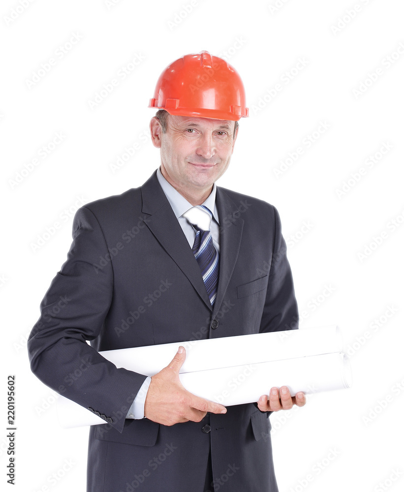 confident engineer with the drawings of the new project confident engineer with the drawings of the new project